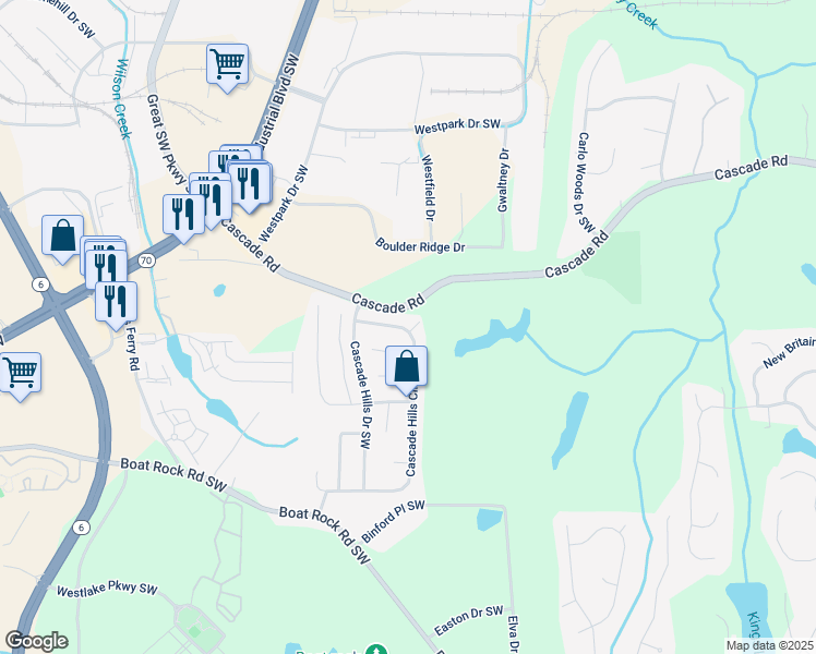 map of restaurants, bars, coffee shops, grocery stores, and more near 5275 Cascade Hills Circle Southwest in Atlanta