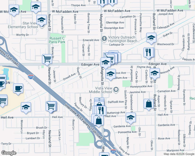 map of restaurants, bars, coffee shops, grocery stores, and more near 16092 Osborne Street in Westminster