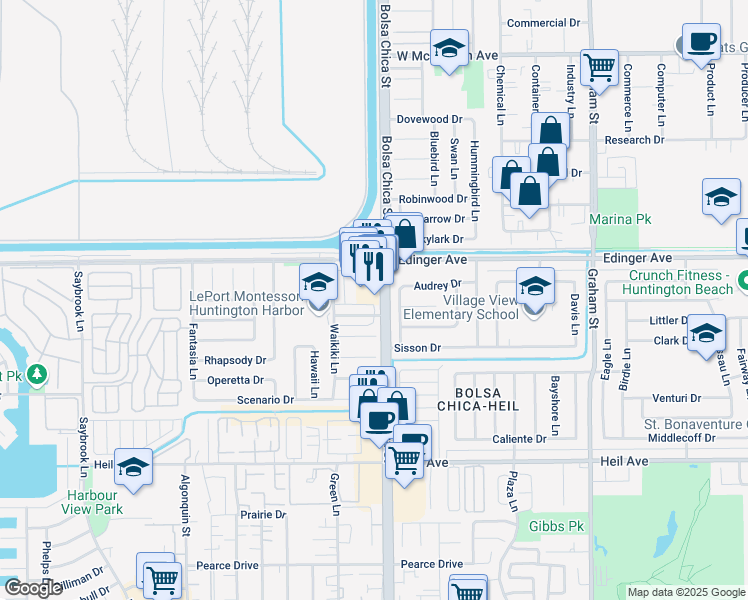 map of restaurants, bars, coffee shops, grocery stores, and more near 16033 Bolsa Chica Street in Huntington Beach