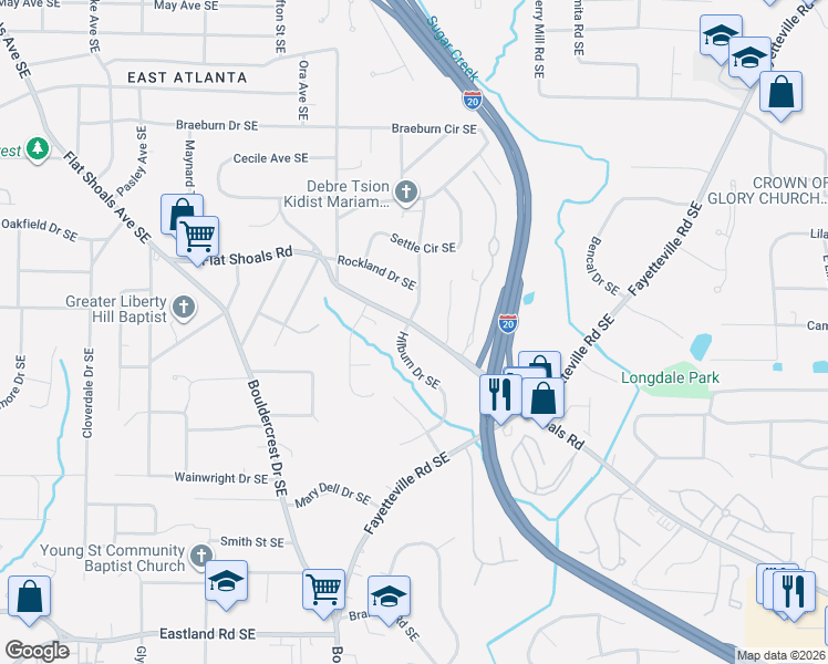 map of restaurants, bars, coffee shops, grocery stores, and more near 1848 Flat Shoals Road Southeast in Atlanta