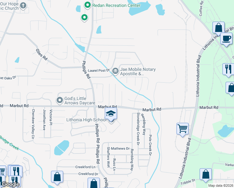 map of restaurants, bars, coffee shops, grocery stores, and more near 2074 Charles Cudd Court in Lithonia