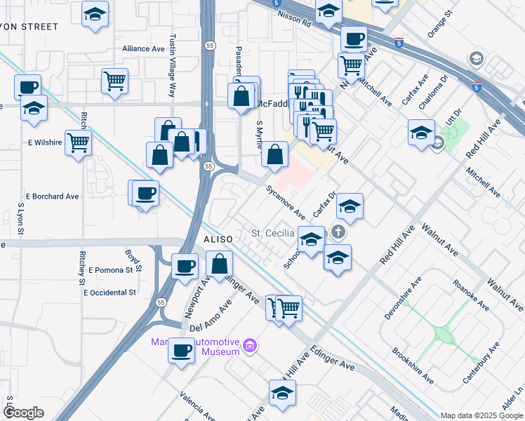 map of restaurants, bars, coffee shops, grocery stores, and more near 14791 Newport Avenue in Tustin