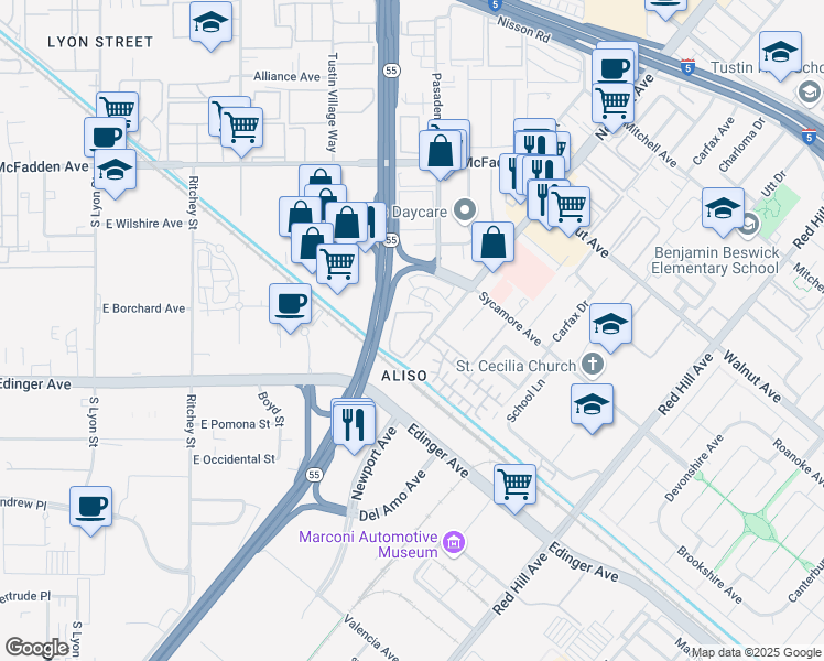 map of restaurants, bars, coffee shops, grocery stores, and more near 17022 Kenyon Drive in Tustin