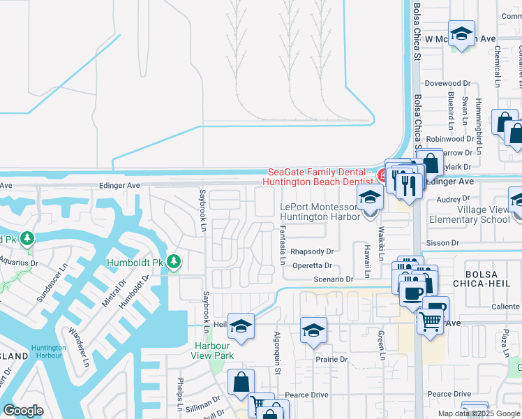 map of restaurants, bars, coffee shops, grocery stores, and more near 16037 Warmington Lane in Huntington Beach