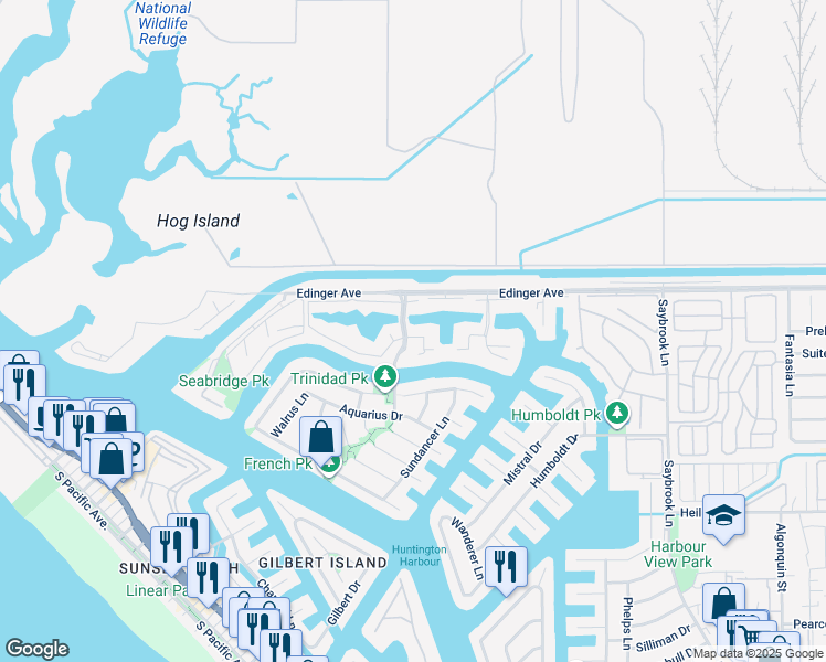 map of restaurants, bars, coffee shops, grocery stores, and more near 3636 Bravata Drive in Huntington Beach