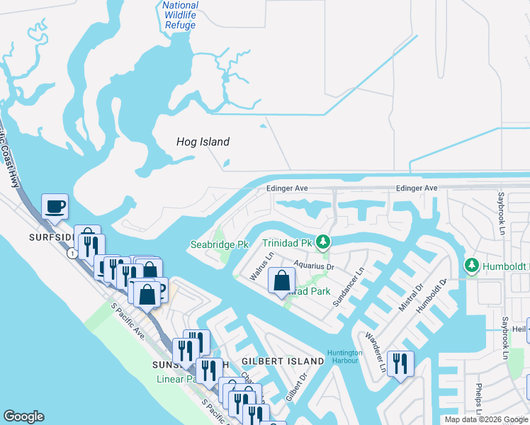 map of restaurants, bars, coffee shops, grocery stores, and more near in Huntington Beach