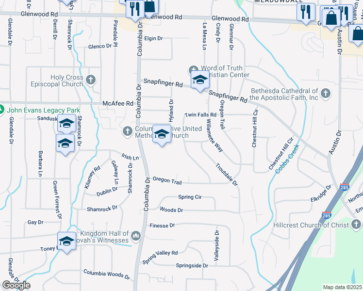 map of restaurants, bars, coffee shops, grocery stores, and more near 2071 Twin Falls Road in Decatur