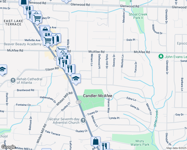 map of restaurants, bars, coffee shops, grocery stores, and more near 2106 Miriam Lane in Decatur