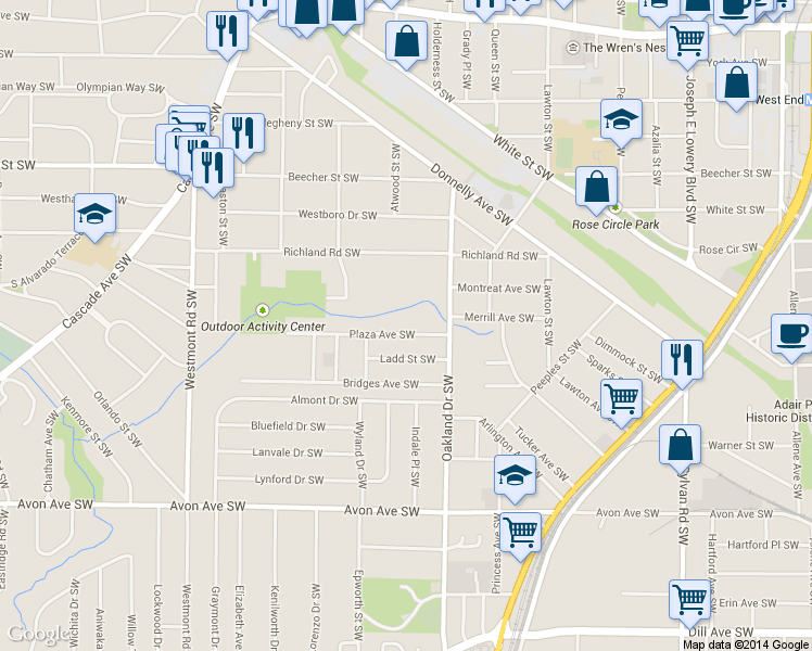 map of restaurants, bars, coffee shops, grocery stores, and more near 1255 Plaza Avenue Southwest in Atlanta