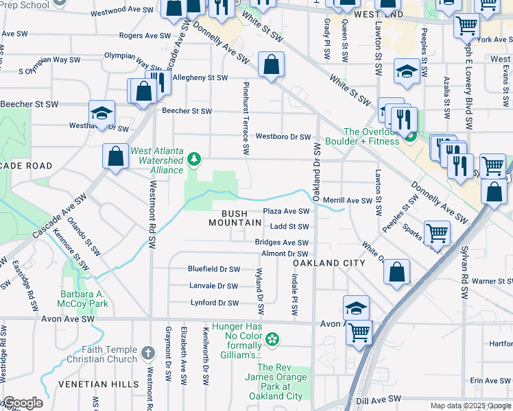 map of restaurants, bars, coffee shops, grocery stores, and more near 1321 Plaza Avenue Southwest in Atlanta