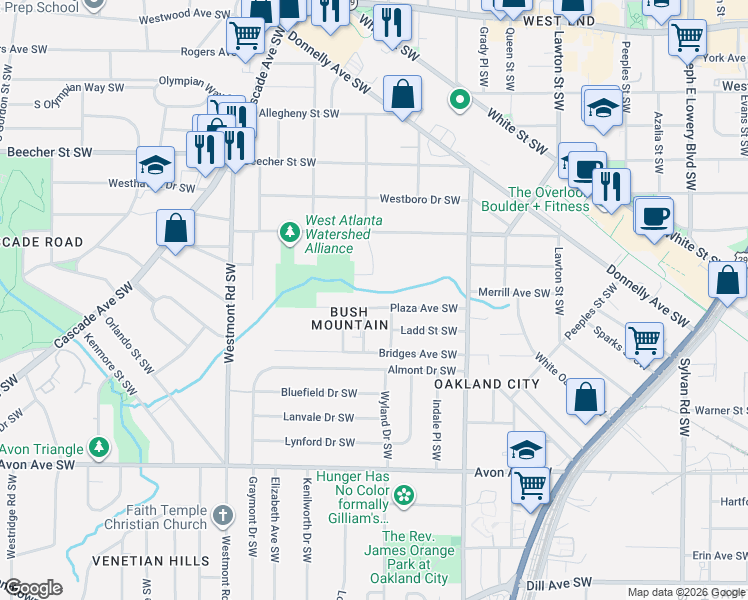 map of restaurants, bars, coffee shops, grocery stores, and more near 1354 Montreat Avenue Southwest in Atlanta