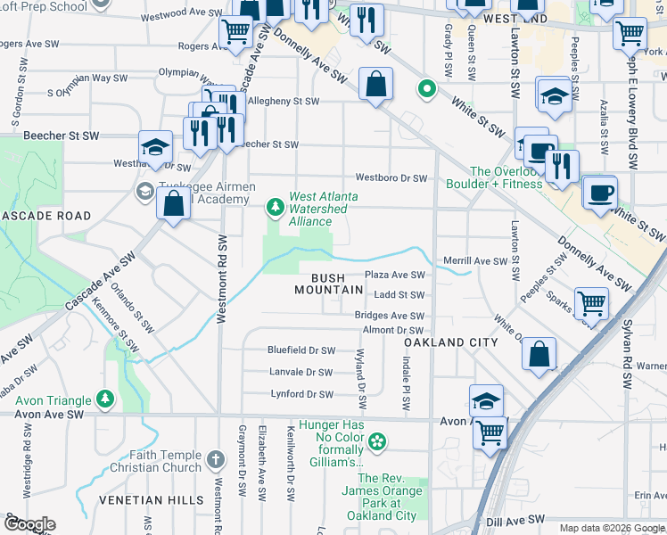 map of restaurants, bars, coffee shops, grocery stores, and more near 1354 Montreat Avenue Southwest in Atlanta