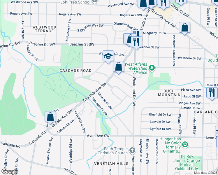 map of restaurants, bars, coffee shops, grocery stores, and more near 950 Cascade Avenue Southwest in Atlanta