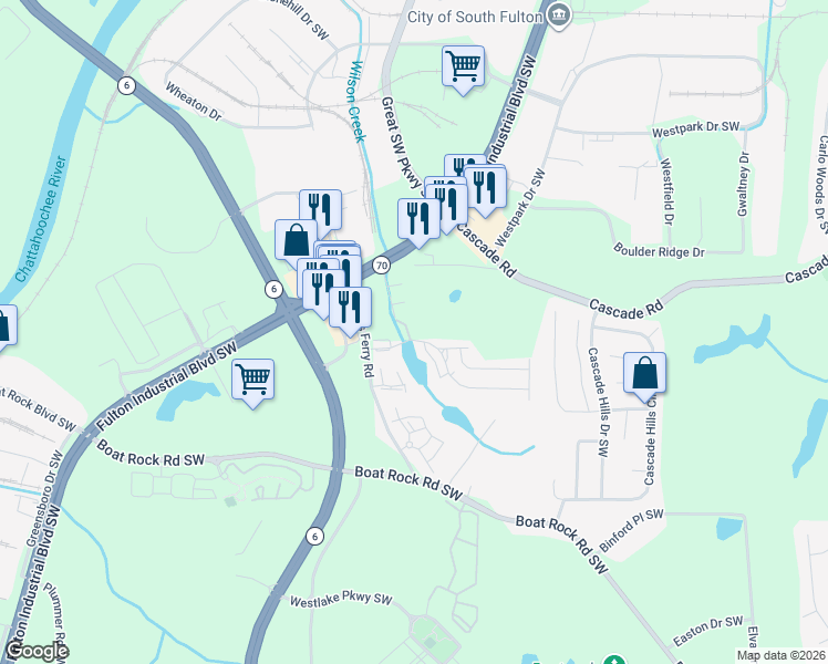 map of restaurants, bars, coffee shops, grocery stores, and more near 1004 Mays Lane Southwest in Atlanta