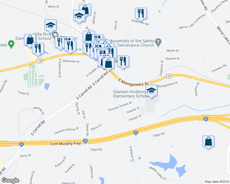 map of restaurants, bars, coffee shops, grocery stores, and more near 206 East Wilson Street in Villa Rica