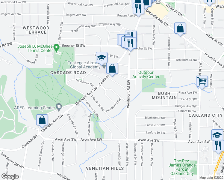 map of restaurants, bars, coffee shops, grocery stores, and more near 1591 Mayflower Avenue Southwest in Atlanta