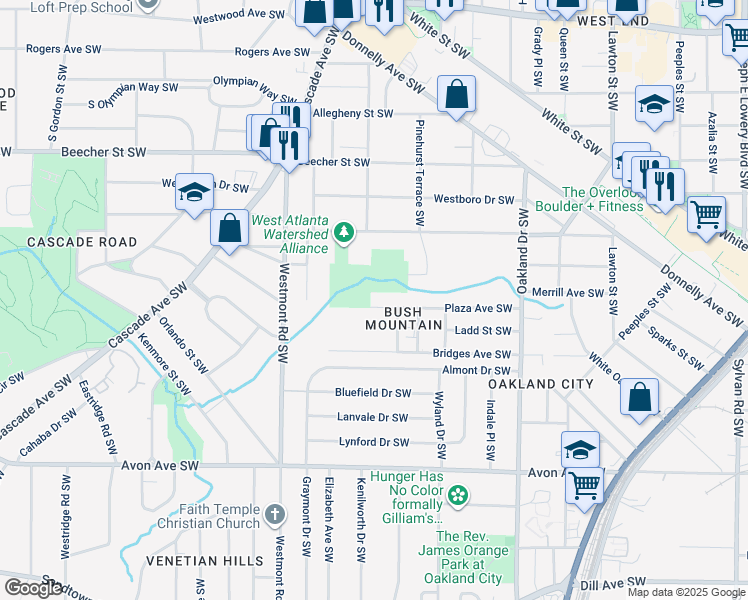 map of restaurants, bars, coffee shops, grocery stores, and more near 1401 Plaza Avenue Southwest in Atlanta