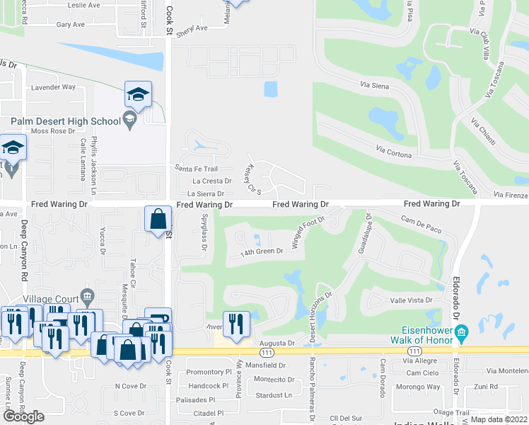 map of restaurants, bars, coffee shops, grocery stores, and more near 75305 Spyglass Drive in Indian Wells