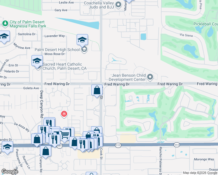 map of restaurants, bars, coffee shops, grocery stores, and more near 44140 Lakeside Drive in Indian Wells