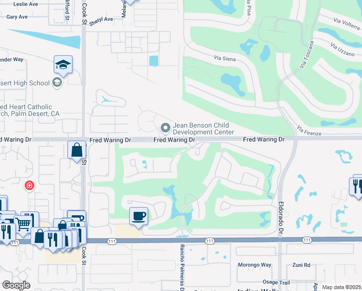 map of restaurants, bars, coffee shops, grocery stores, and more near 75417 Spyglass Drive in Indian Wells