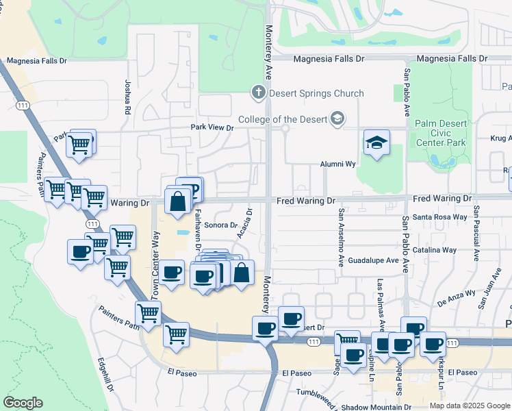 map of restaurants, bars, coffee shops, grocery stores, and more near 72880 Fred Waring Drive in Palm Desert