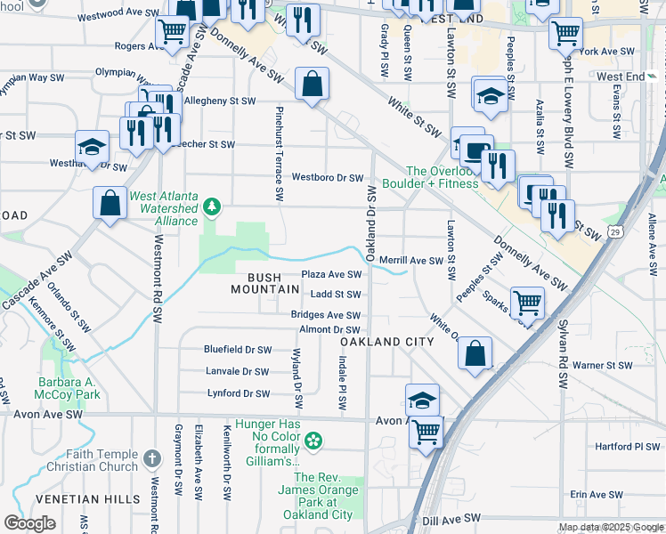 map of restaurants, bars, coffee shops, grocery stores, and more near 1255 Plaza Avenue Southwest in Atlanta