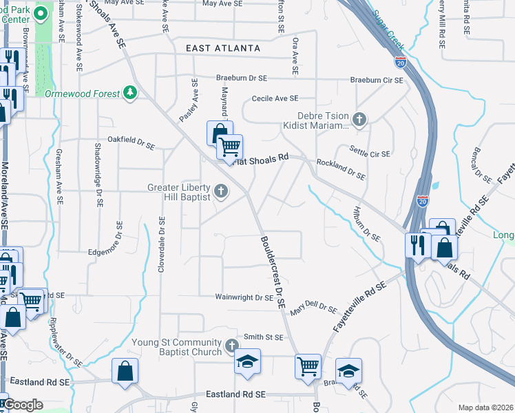 map of restaurants, bars, coffee shops, grocery stores, and more near 927 Stallings Avenue Southeast in Atlanta