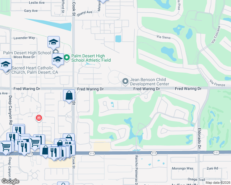 map of restaurants, bars, coffee shops, grocery stores, and more near 75349 Kelsey Circle South in Palm Desert