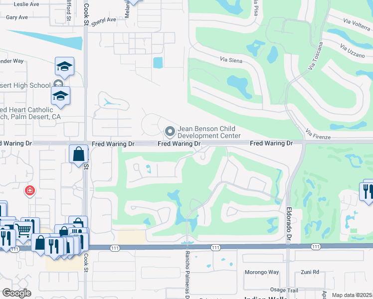 map of restaurants, bars, coffee shops, grocery stores, and more near 75417 Spyglass Drive in Indian Wells