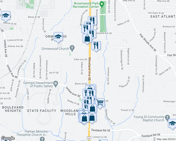 map of restaurants, bars, coffee shops, grocery stores, and more near 953 Moreland Avenue Southeast in Atlanta
