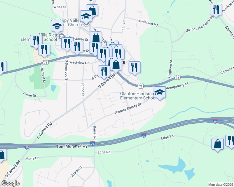 map of restaurants, bars, coffee shops, grocery stores, and more near 209 East Wilson Street in Villa Rica