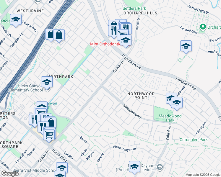 map of restaurants, bars, coffee shops, grocery stores, and more near 605 Newcastle in Irvine