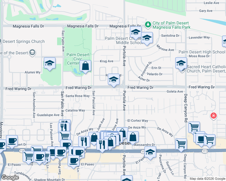 map of restaurants, bars, coffee shops, grocery stores, and more near 73881 Fred Waring Drive in Palm Desert