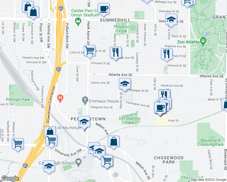 map of restaurants, bars, coffee shops, grocery stores, and more near 951 Violet Street Southeast in Atlanta