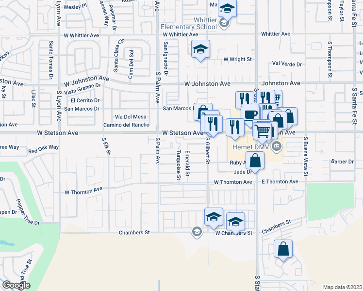 map of restaurants, bars, coffee shops, grocery stores, and more near 1154 Turquoise Street in Hemet