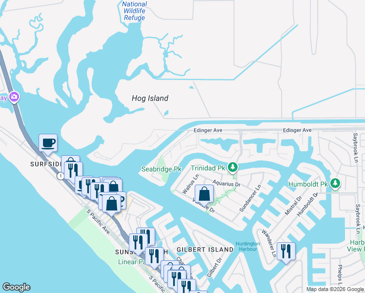 map of restaurants, bars, coffee shops, grocery stores, and more near 16092 Fame Circle in Huntington Beach