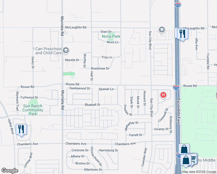 map of restaurants, bars, coffee shops, grocery stores, and more near 26398 Spaniel Lane in Menifee