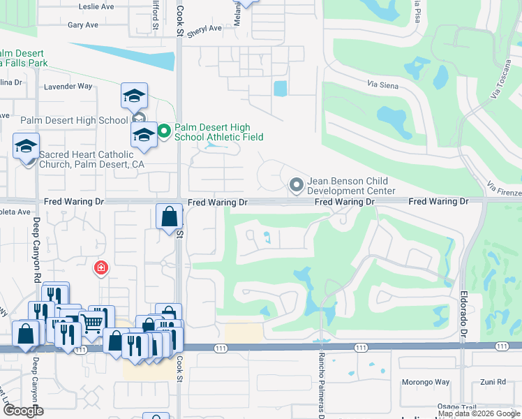 map of restaurants, bars, coffee shops, grocery stores, and more near 75483 La Sierra Drive in Palm Desert