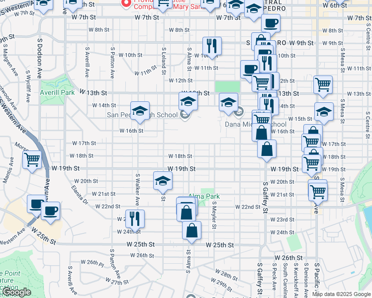 map of restaurants, bars, coffee shops, grocery stores, and more near 1717 South Alma Street in Los Angeles