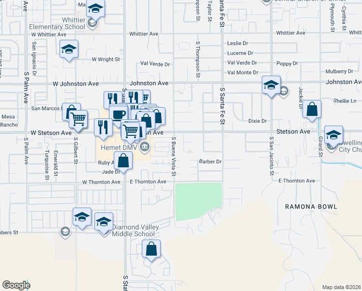 map of restaurants, bars, coffee shops, grocery stores, and more near 1110 South Buena Vista Street in Hemet