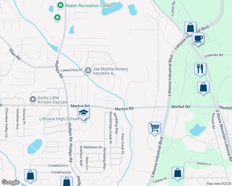 map of restaurants, bars, coffee shops, grocery stores, and more near 6531 Charter Way in Lithonia