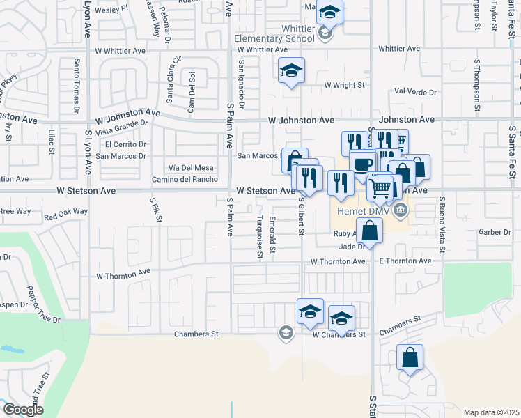 map of restaurants, bars, coffee shops, grocery stores, and more near 1113 Turquoise Street in Hemet