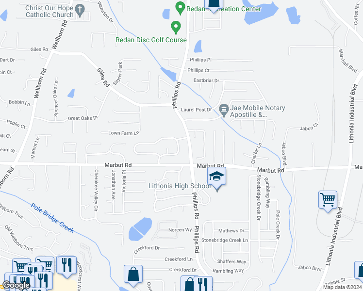 map of restaurants, bars, coffee shops, grocery stores, and more near 2044 Corners Circle in Lithonia