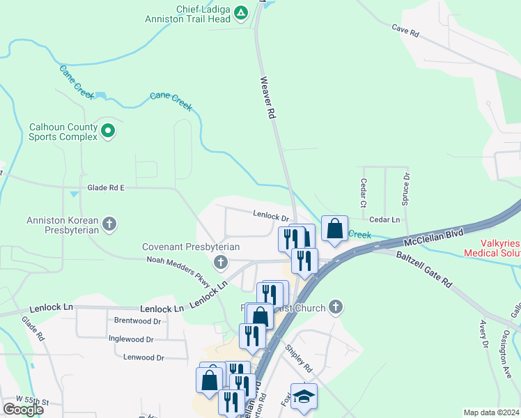 map of restaurants, bars, coffee shops, grocery stores, and more near 329 Lenlock Drive in Anniston