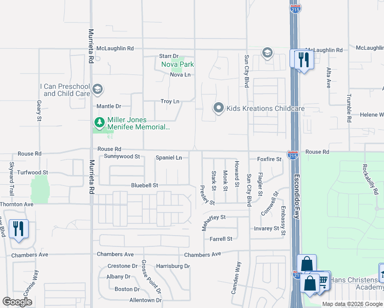 map of restaurants, bars, coffee shops, grocery stores, and more near 27012 Bottlebrush Lane in Menifee