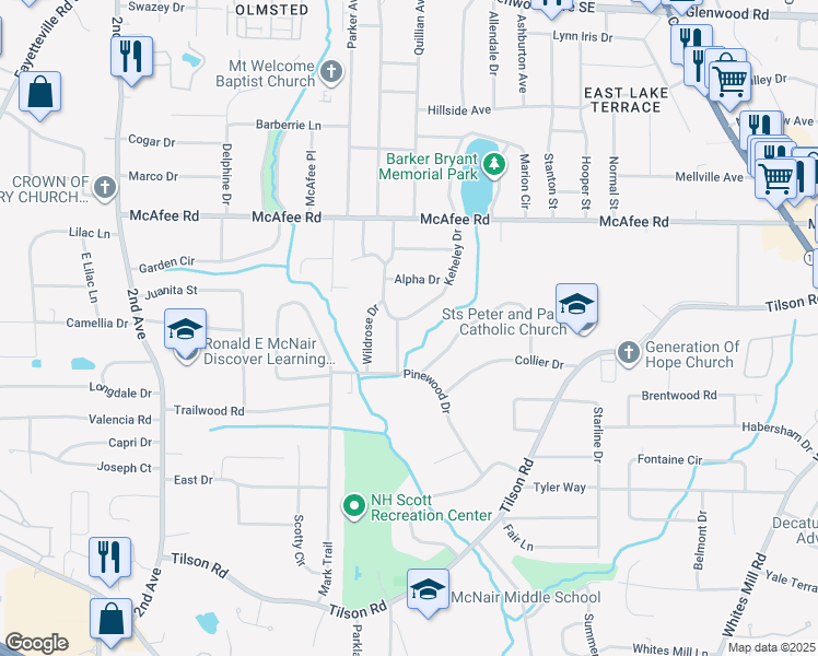 map of restaurants, bars, coffee shops, grocery stores, and more near 2131 Keheley Drive in Decatur