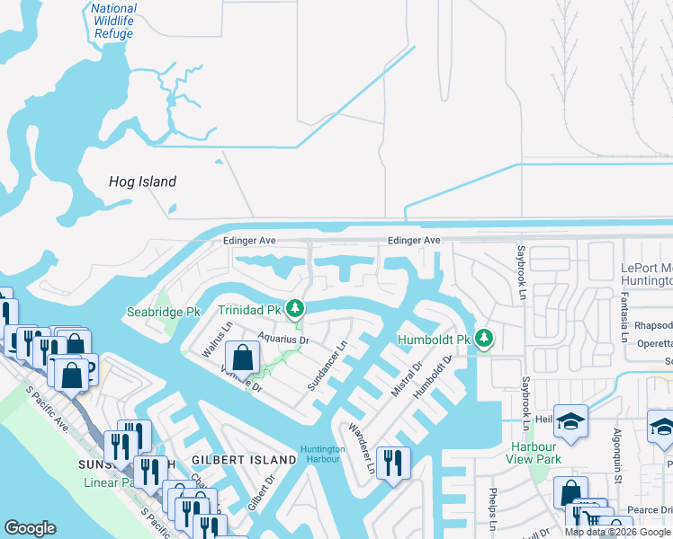 map of restaurants, bars, coffee shops, grocery stores, and more near 16104 Tortola Circle in Huntington Beach