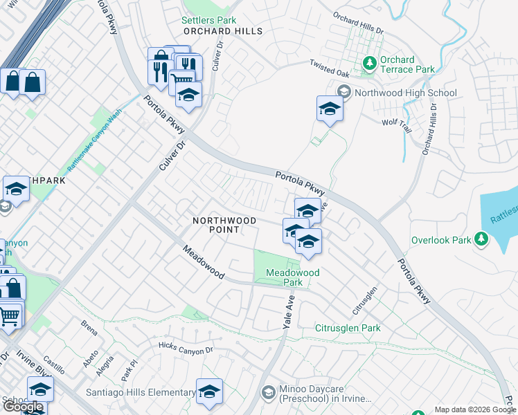 map of restaurants, bars, coffee shops, grocery stores, and more near 46 Essex Lane in Irvine