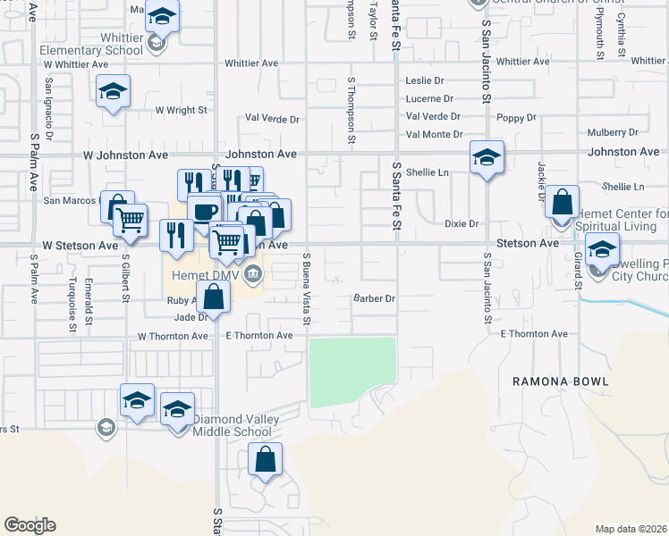 map of restaurants, bars, coffee shops, grocery stores, and more near 621 Vista De Loma in Hemet