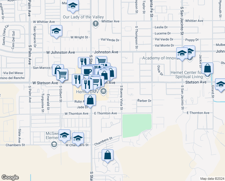 map of restaurants, bars, coffee shops, grocery stores, and more near 375 Magnolia Circle in Hemet